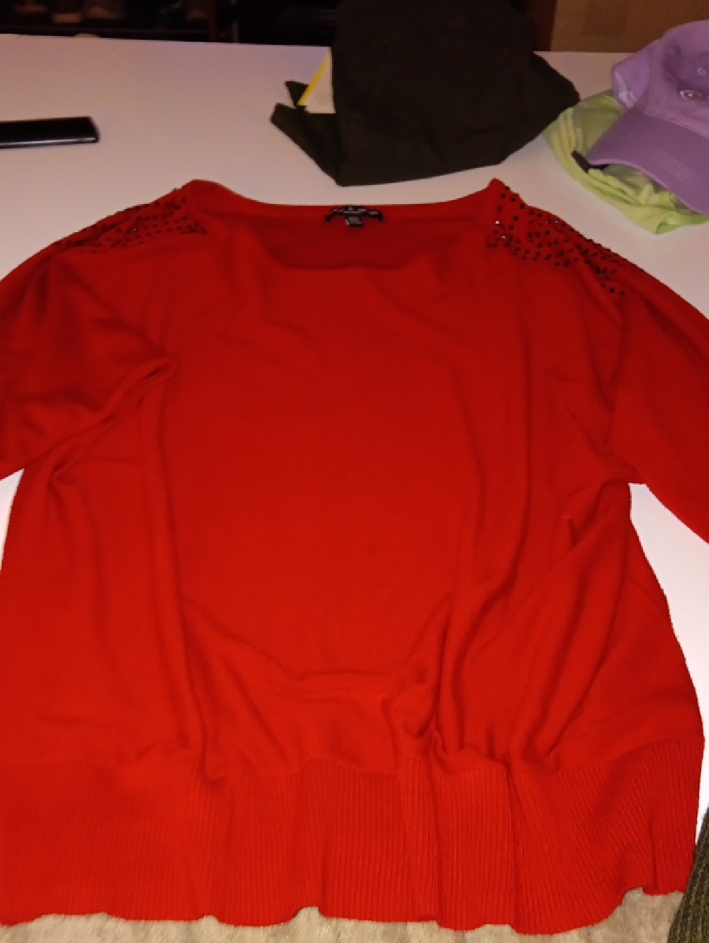 Cable & Gauge Red Crewneck Sweater with Studded Shoulders